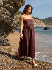 SHEIN 後開式素色吊帶連衣裙 - 巧克力棕 - 查看 4