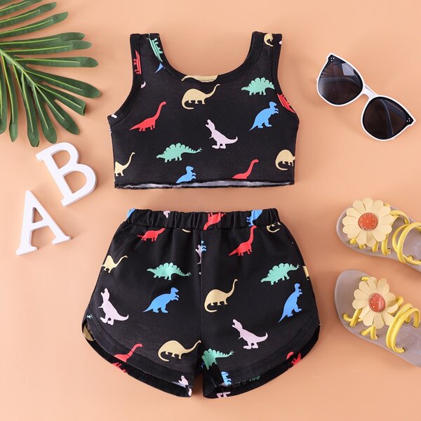 

Baby Girl Dinosaur Print Tank Top With Track Shorts, Black