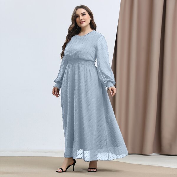

Plus Swiss Dot Shirred Waist A-line Dress, Dusty blue