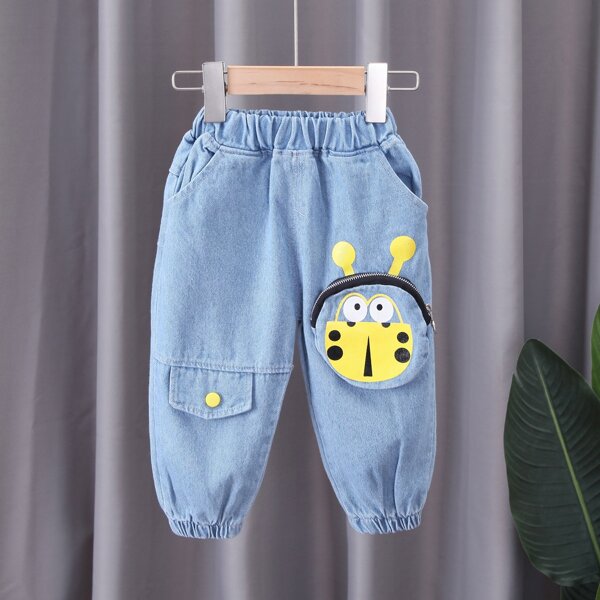 

Toddler Boys Cartoon Graphic Zipper Pocket Jeans, Light wash