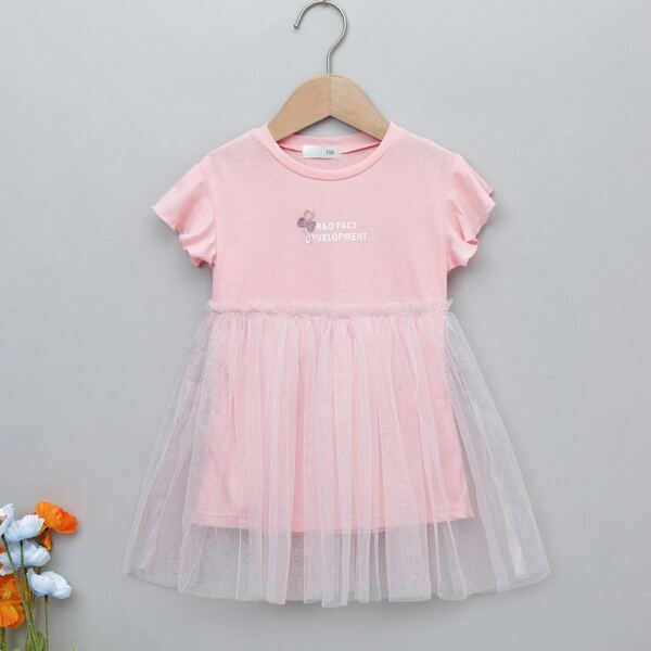 

Toddler Girls Contrast Mesh Letter Graphic Bow Smock Dress, Baby pink