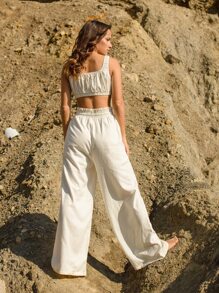 SHEIN 30％亞麻紙袋型素色褲子 - 米色 - 查看 2