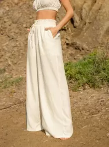 SHEIN 30％亞麻紙袋型素色褲子 - 米色 - 查看 3