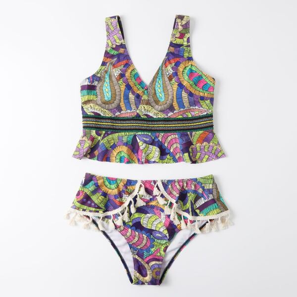 

Paisley Print Tassel Trim Bikini Swimsuit, Multicolor