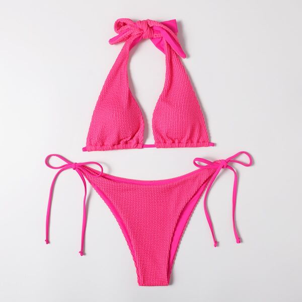 

Textured Halter Tie Side Bikini Swimsuit, Hot pink
