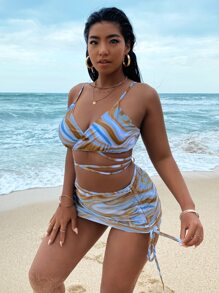 SHEIN Swim Curve Plus Size 3packs Fluid Pattern Bikini Set & Beach Skirt Summer Beach - Multicolor - View 3