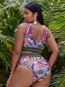 Plus Size Allover Graphic High Waisted Bikini Set Summer Beach - Multicolor - View 2