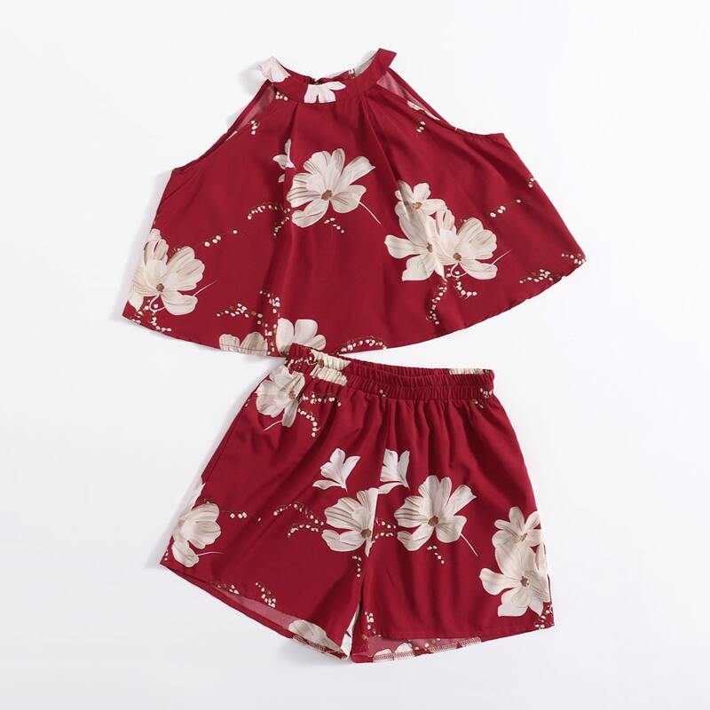 

Floral Print Top & Shorts, Red