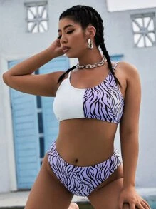 Plus Size Zebra Stripe High Waisted Bikini Set Summer Beach - Multicolor - View 1