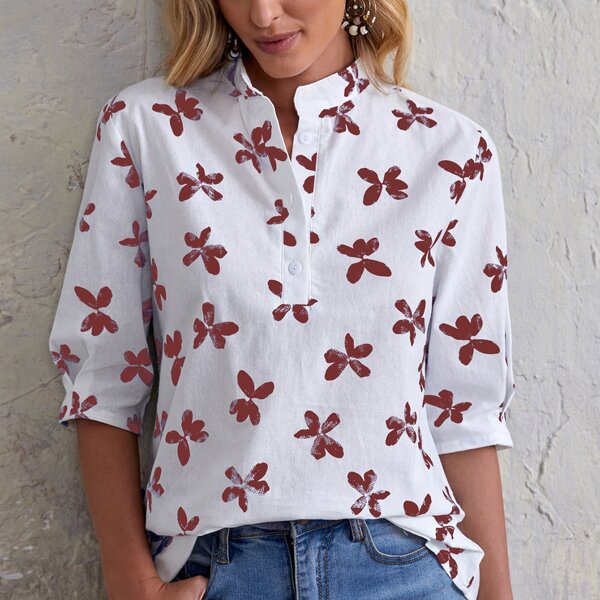 

Flower Print Half Button Blouse, White