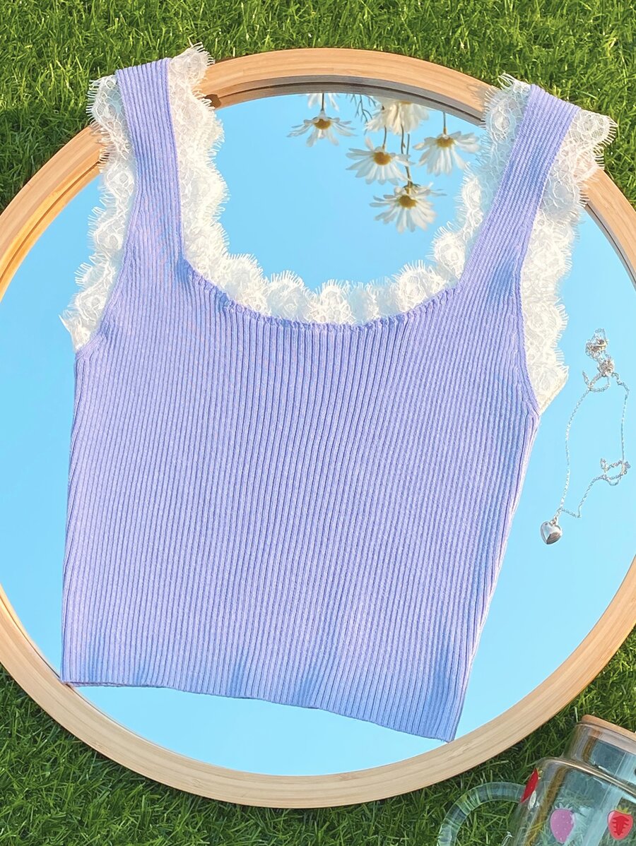 SHEIN Unity Top corto ribete con encaje tejido de canalé - Lila Púrpura - Ver 1