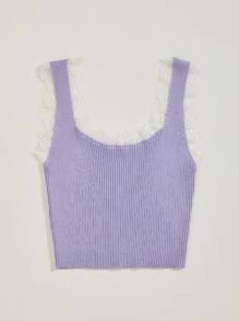 SHEIN Unity Top corto ribete con encaje tejido de canalé - Lila Púrpura - Ver 5