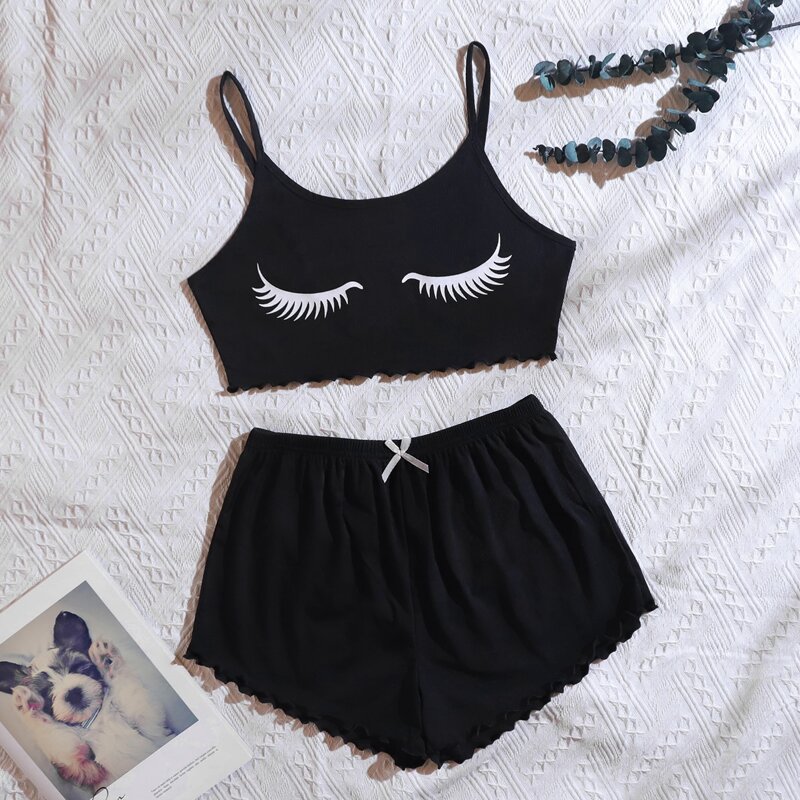 

Eyelash Print Cami Pajama Set, Black