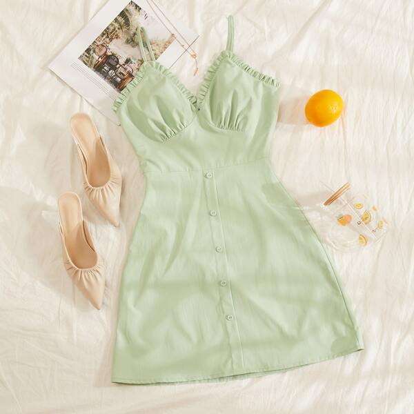 

Frill Trim Ruched Bust Cami Dress, Mint green