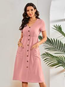 Vestido con parche con bolsillo con botón - Rosa vieja - Ver 1