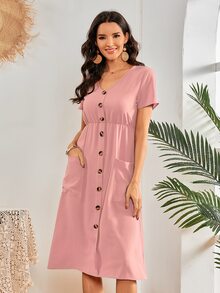 Vestido con parche con bolsillo con botón - Rosa vieja - Ver 3