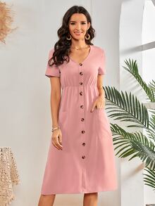Vestido con parche con bolsillo con botón - Rosa vieja - Ver 4