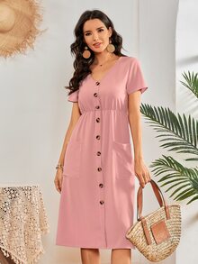 Vestido con parche con bolsillo con botón - Rosa vieja - Ver 6