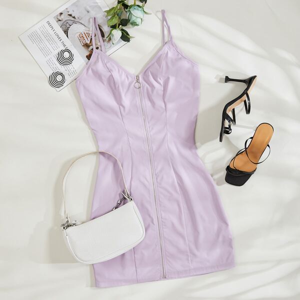 

Zipper Front Mini Bodycon Cami Dress, Lilac purple