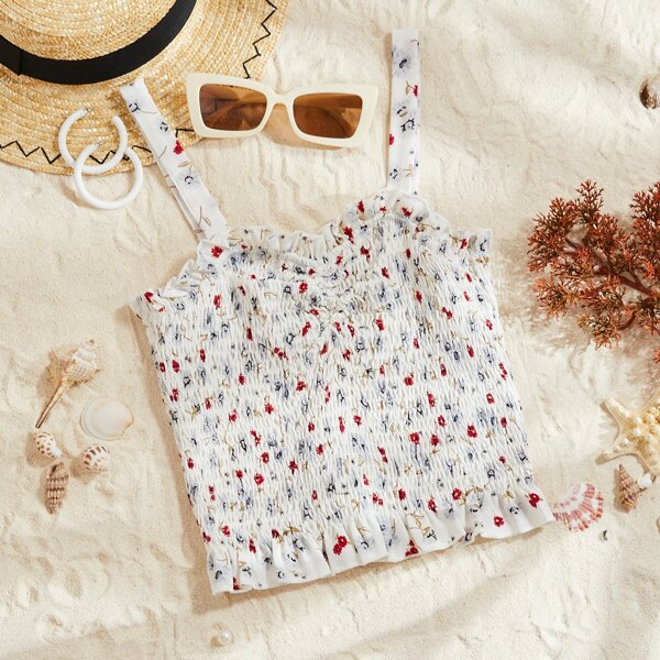 

Ditsy Floral Shirred Ruffle Hem Cami Top, Beige