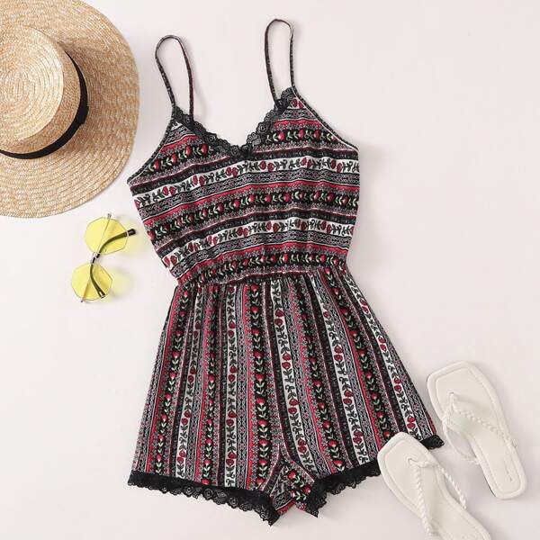 

Lace Trim Floral Cami Romper, Multicolor