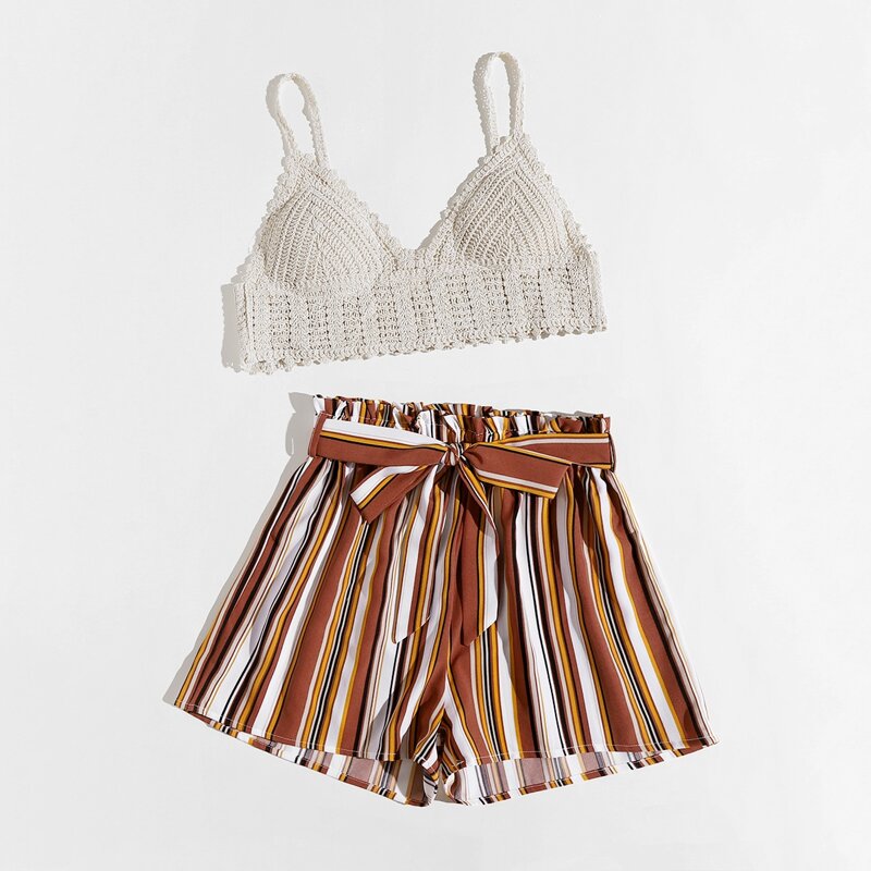

Crochet Crop Cami & Striped Belted Shorts, Multicolor