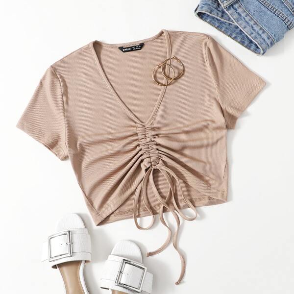 

Solid Drawstring Front Crop Tee, Khaki