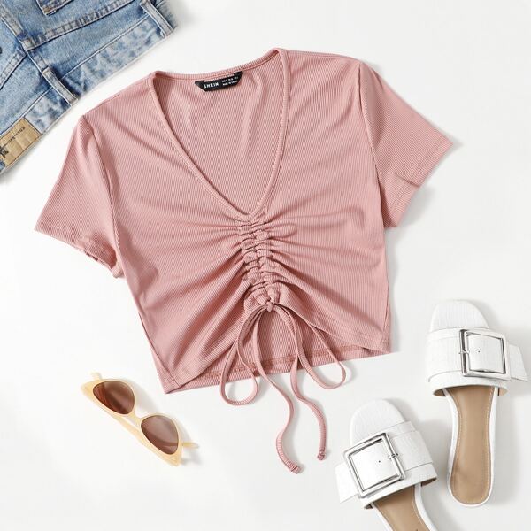 

Solid Drawstring Front Crop Tee, Dusty pink