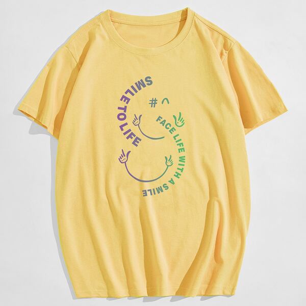 

Men Letter & Cartoon Graphic Tee, Yellow