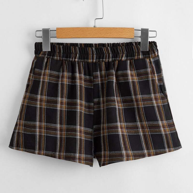 

Plaid Elastic Waist Shorts, Black