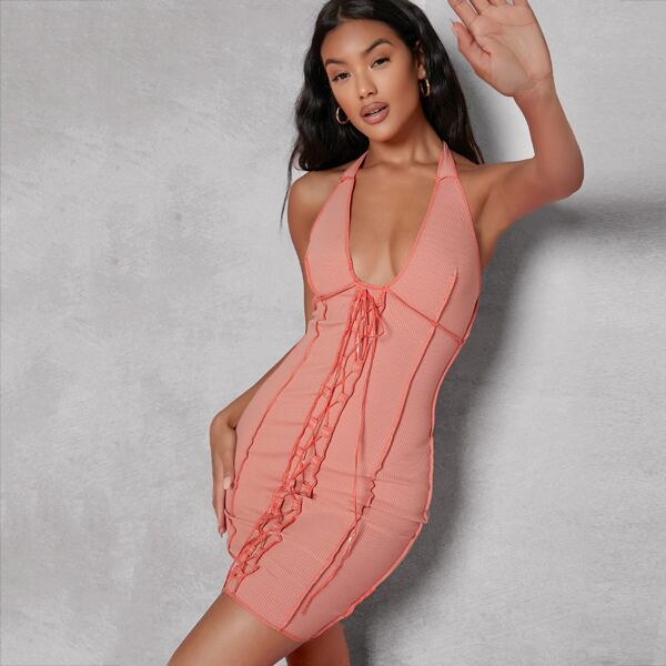 

Ribbed Lace-Up Contrast Stitch Mini Halter Dress, Coral pink