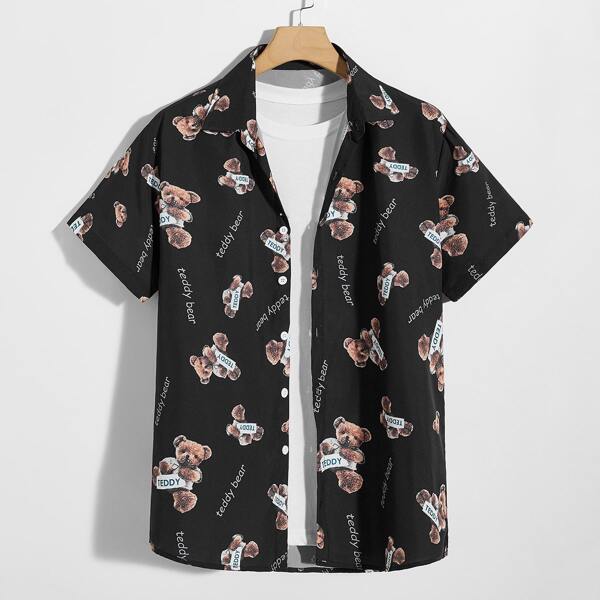 

Men Cartoon Bear Print Shirt Without Tee, Black