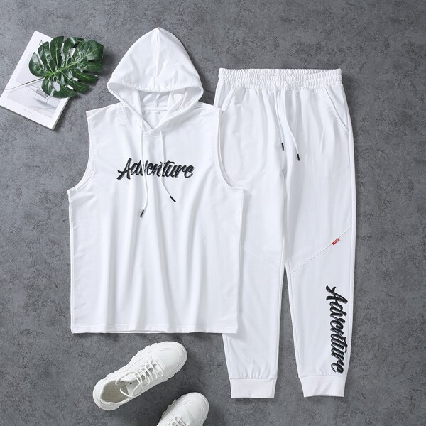 

Men Letter Graphic Drawstring Hooded Tank Top With Sweatpants, White