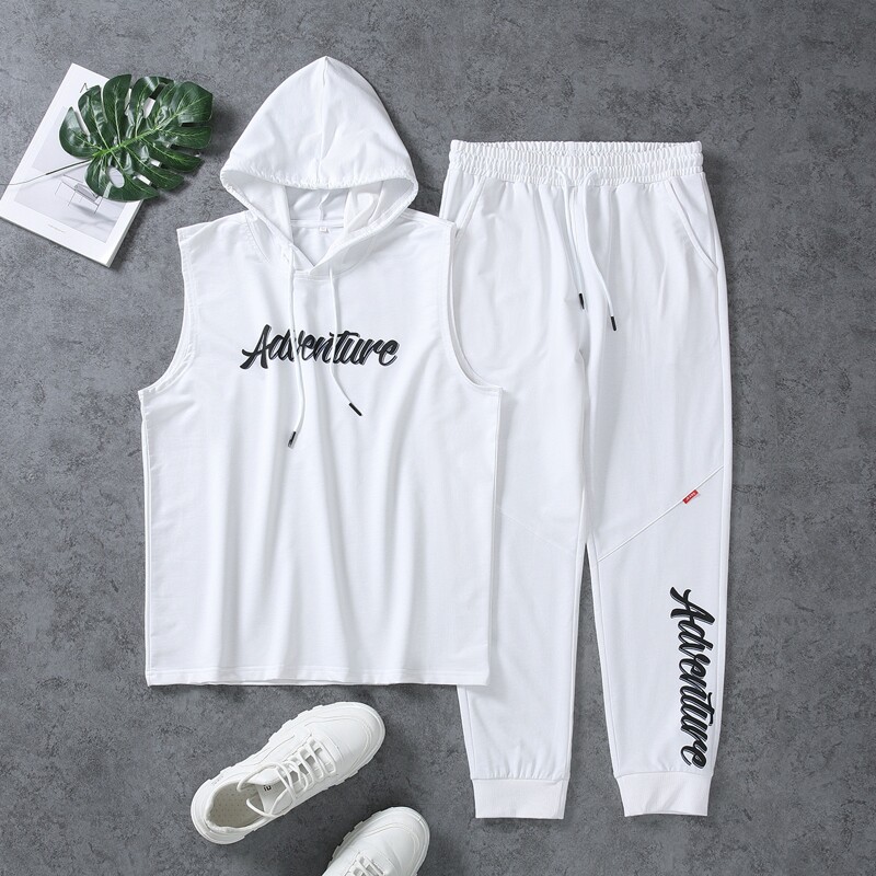 

Guys Letter Graphic Drawstring Hooded Tank Top With Sweatpants, White