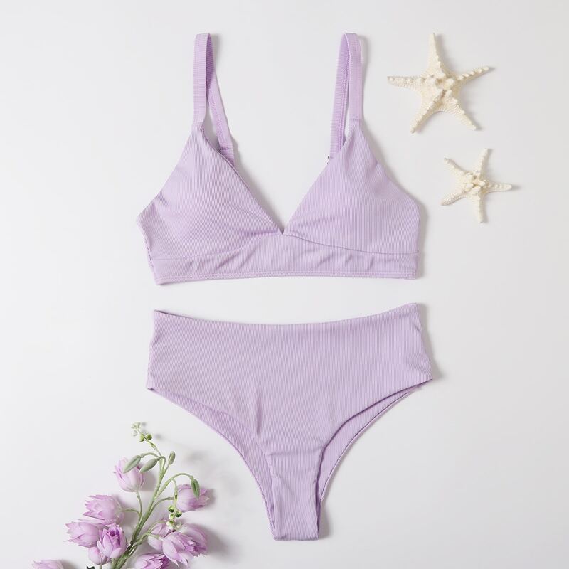 

Solid High Waist Bikini Swimsuit, Mauve purple