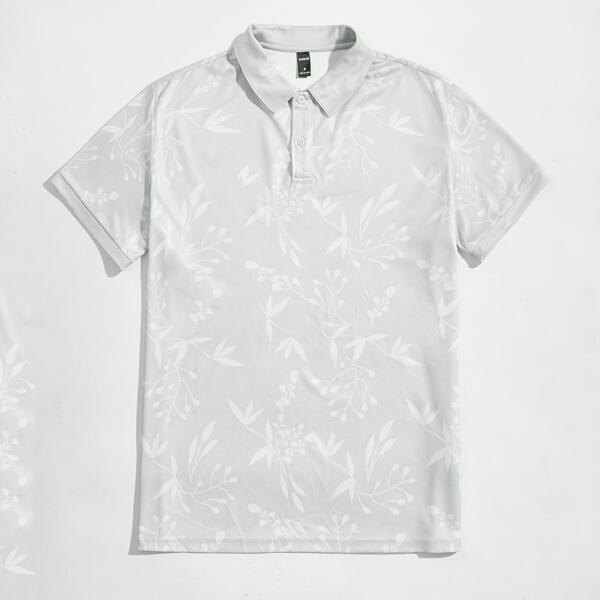 

Men Plants Print Polo Shirt, Light grey