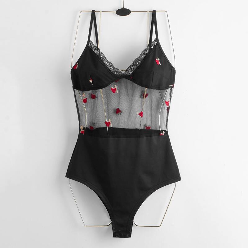 

Floral Embroidery Contrast Lace Cami Bodysuit, Black