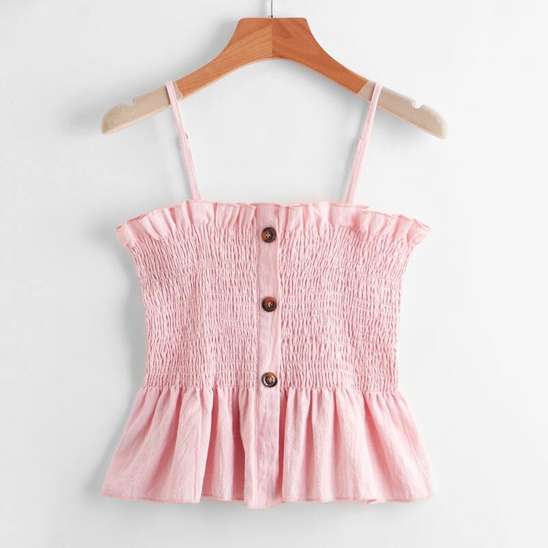 

Solid Button Front Shirred Cami, Baby pink