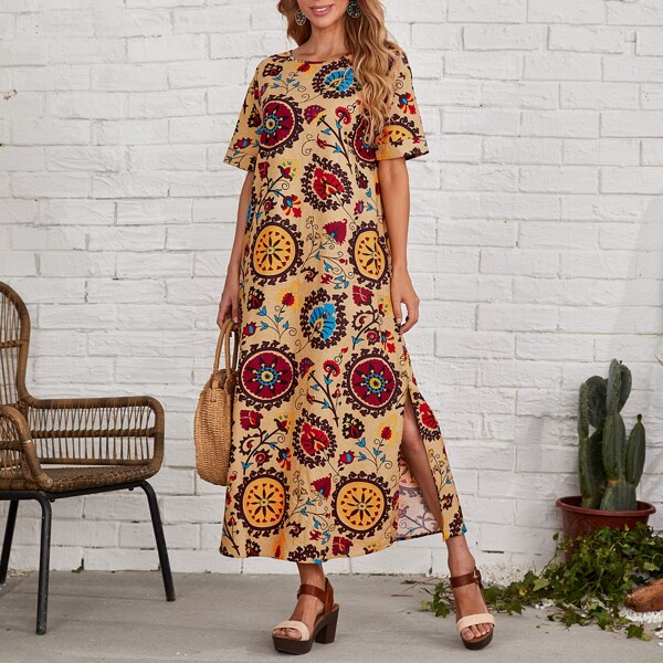 

Drop Shoulder Floral & Graphic Print Dress, Multicolor