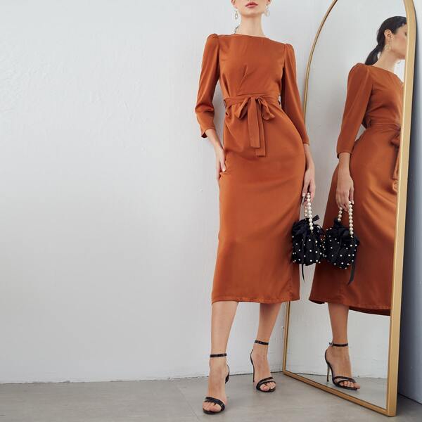 

Puff Sleeve Self Tie Fitted Dress, Burnt orange