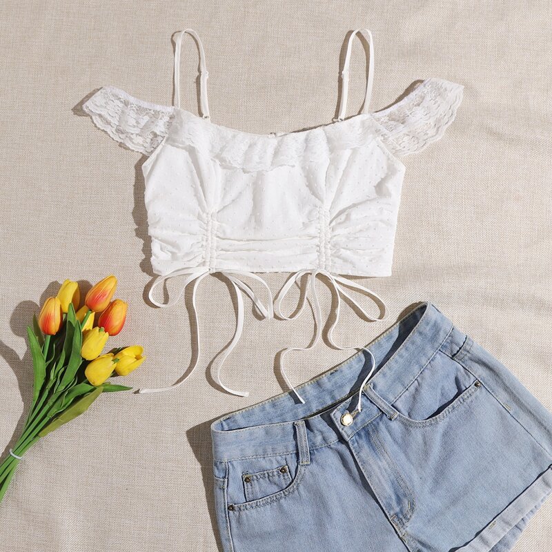 

Cold Shoulder Lace Trim Drawstring Knot Ruched Swiss Dot Top, White
