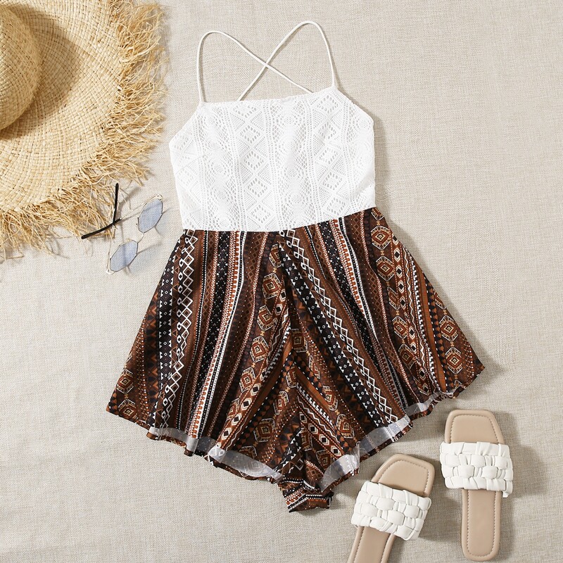 

Lace Up Backless Cami Romper, Multicolor