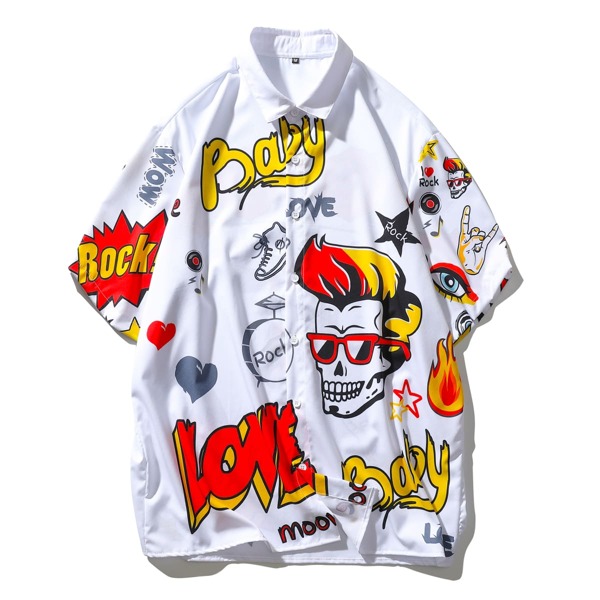 

Men Floral And Slogan Graphic Button Front Shirt, Multicolor