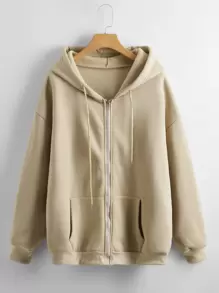 SHEIN LUNE Sudadera con capucha con cordón con cremallera unicolor - Caqui - Ver 1