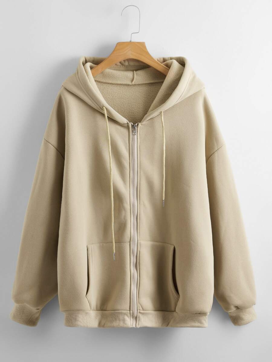 SHEIN LUNE Sudadera con capucha con cordón con cremallera unicolor - Caqui - Ver 1