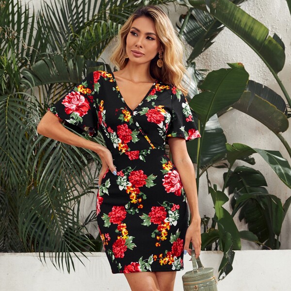 

Surplice Neck Flutter Sleeve Floral Dress, Multicolor