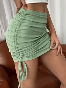 SHEIN SXY Falda ajustada tejida de canalé con nudo con cordón fruncido - verde menta - Ver 1