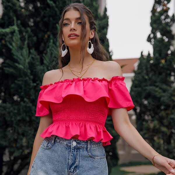 

Off The Shoulder Shirred Peplum Blouse, Pink