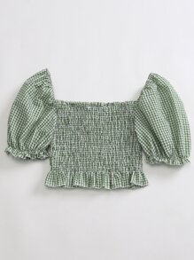 Breezaya 泡泡袖打褶褶邊格紋荷葉邊下擺上衣