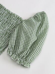 Breezaya 泡泡袖打褶褶邊格紋荷葉邊下擺上衣